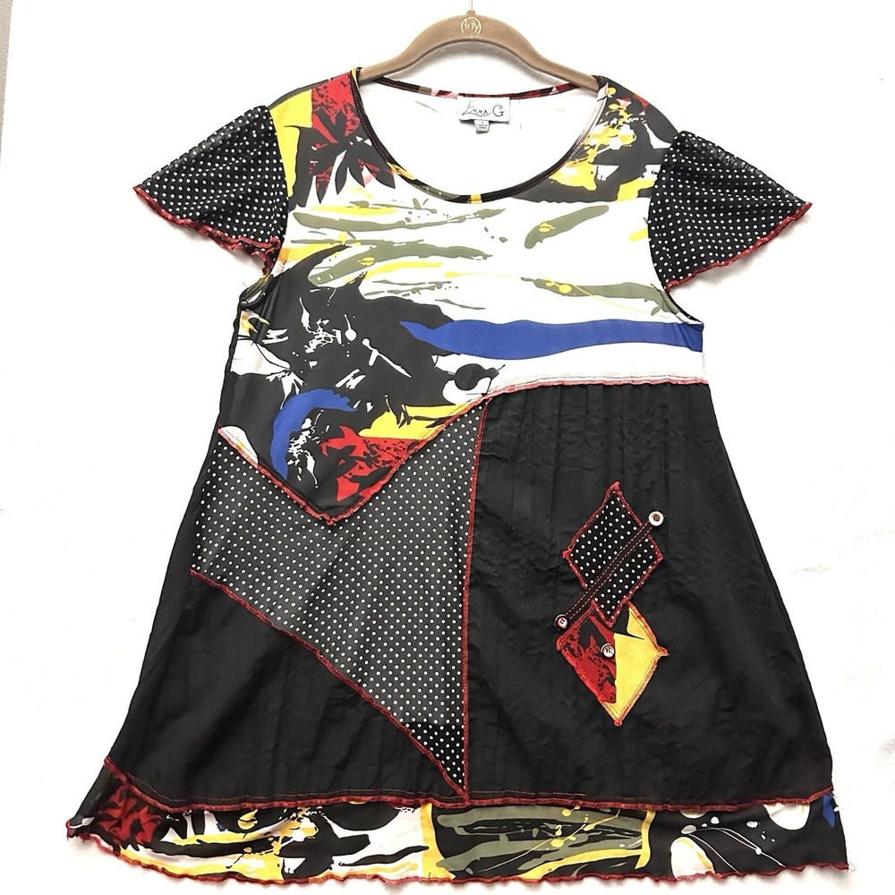 Emma G Abstract Art to Wear S Small Patchwork Polka Dot Short Sleeve Tunic Top